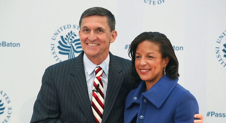 Former National Security Advisor Michael Flynn shakes hands with his predecessor, Susan Rice at the Passing The Baton conference in Washington, DC on January 10, 2017.