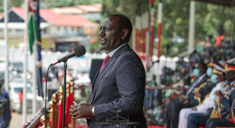 Deputy President William Ruto giving an address during the 2020 Mashujaa Day celebrations 