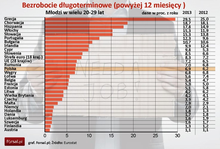 W całej Unii Europejskiej 7,2 proc. osób w wieku 20-29 lat cierpi z powodu bezrobocia długoterminowego, czyli pozostaje bez pracy przez okres dłuższy niż 12 miesięcy. Polska jest pod tym względem tylko nieznacznie lepsza niż unijna średnia. Długoterminowe bezrobocie wśród młodych wynosiło u nas w 2013 roku 6,9 proc. Podobne wyniki notuje się na Węgrzech i w Rumunii. Najwyższa stopa bezrobocia długoterminowego w Europie to domena Grecji – wskaźnik ten wynosi tu 29,5 proc. Na drugim miejscu plasuje się Chorwacja (18,7 proc.), a na trzecim – Hiszpania (17,8 proc.). Na drugim końcu zestawienia znajduje się Austria (1,1 proc.). Tuż za nią plasuje się Finlandia (1,3 proc.) oraz Luksemburg i Szwecja (1,6 proc.).