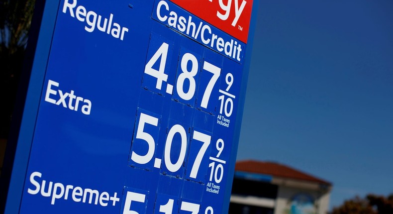 A sign showing gas prices at a station in San Diego, California, on November 9, 2021.