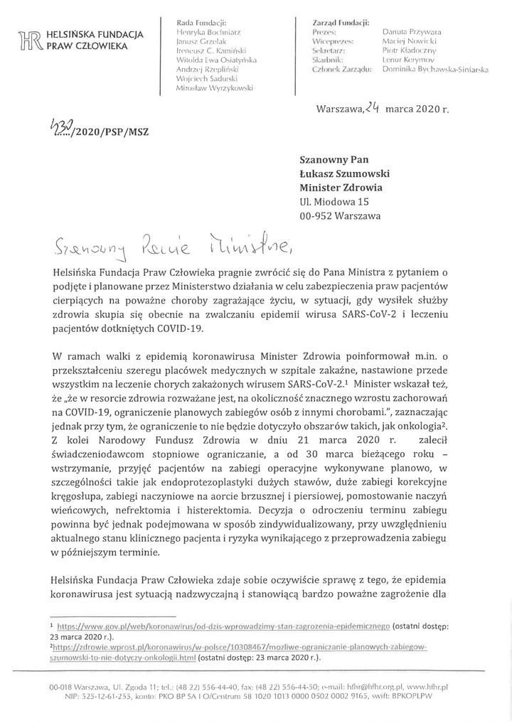 List Helsińskiej Fundacji praw Człowieka do Ministra Zdrowia