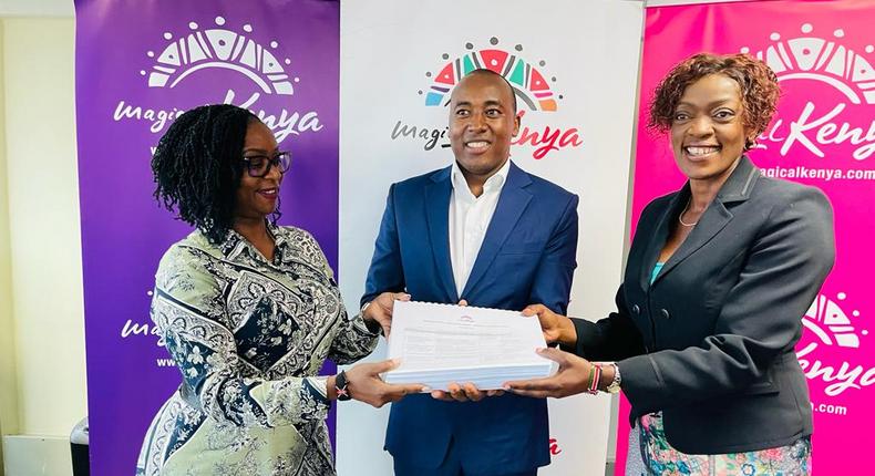 KTB Chairperson Joanne Mwangi (left) and outgoing CEO Dr Betty Radier (right) during the a handover to John Chirchir (middle) who will be the acting CEO of the Board