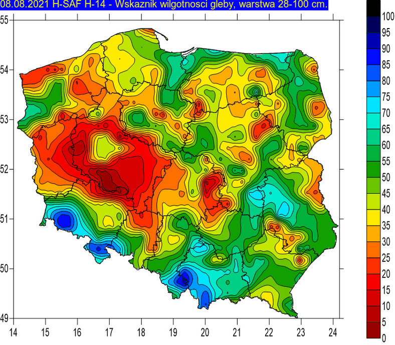 Wilgotność gleby w Polsce, 8.08.2021, poziom 28-100 cm