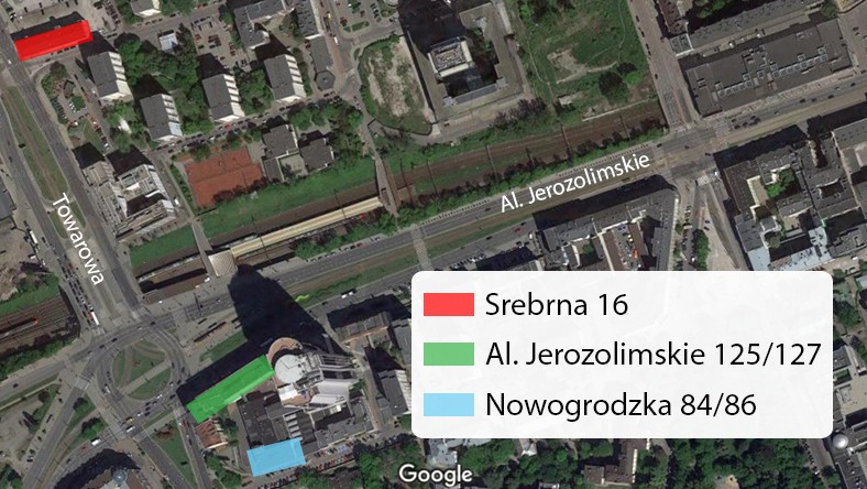 Lokalizacje - siedziba PiS przy Nowogrodzkiej, działka na ul. Srebrnej i siedziba Srebrnej sp. z o. o. na al. Jerozolimskich