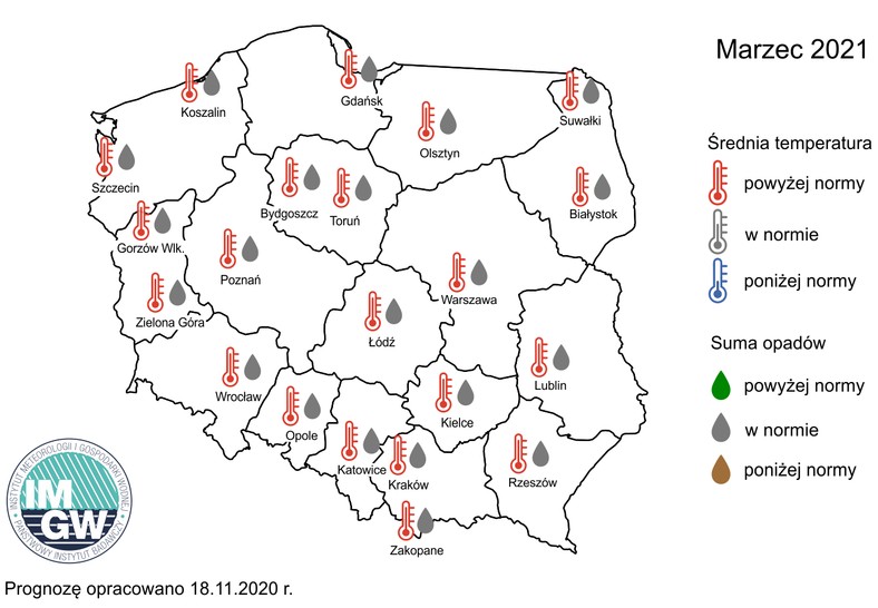 Prognoza średniej miesięcznej temperatury i miesięcznej sumy opadów na marzec 2021 r.