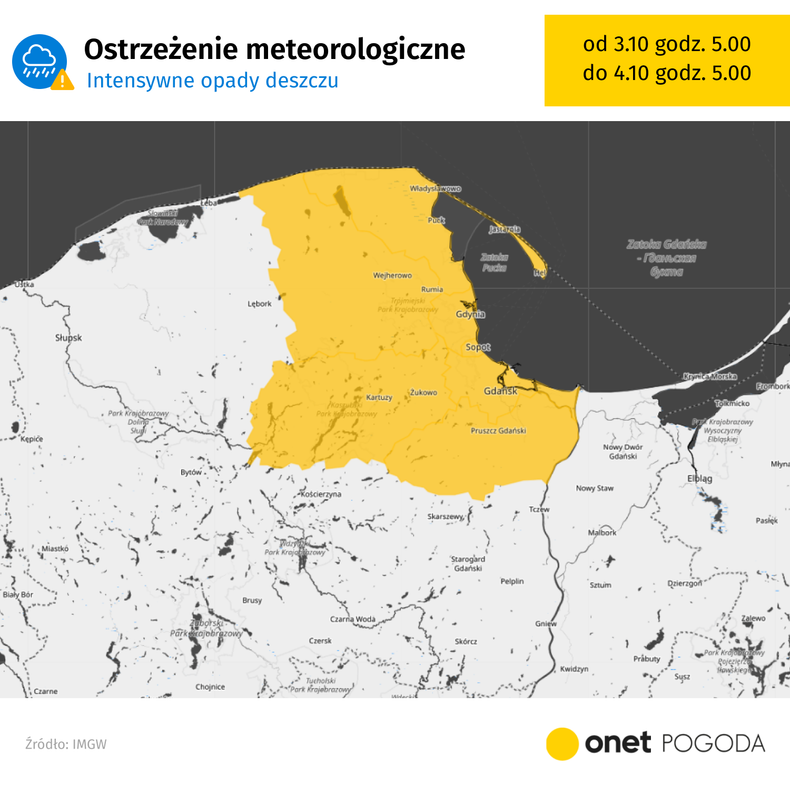 Ostrzeżenia przed ulewnym deszczem obowiązywać będą dziś i najbliższej nocy na Pomorzu Gdańskim