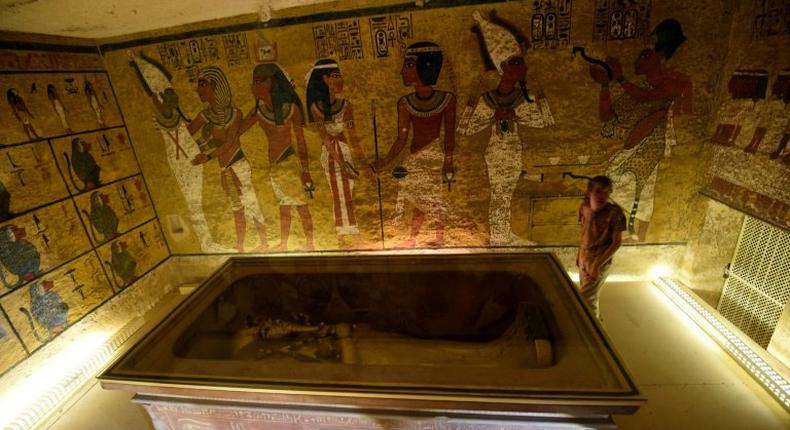 The golden sarcophagus of King Tutankhamun displayed in his burial chamber in the Valley of the Kings, close to Luxor