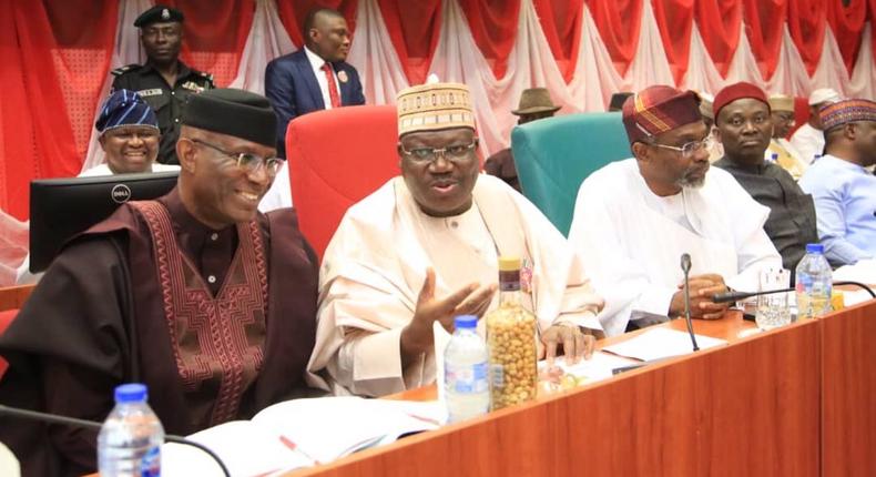 From Left: Deputy President of the Senate, Ovie Omo-Agege; Senate President Ahmad Lawan; Speaker of the House of Reps Hon. Femi Gbajabiamila and other principal officers and members of the National Assembly at the joint public hearing of 2020 Budget. [Twitter/@SPNigeria]