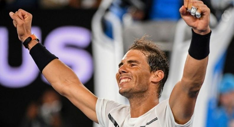 Rafael Nadal celebrates victory against Gael Monfils in the fourth round of the Australian Open in Melbourne on January 23, 2017