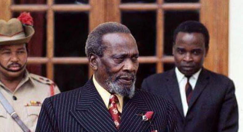 President Mzee Jomo Kenyatta flanked by his then Aide de Camp Brigadier. Macharia and Daniel Gachukia (right). 