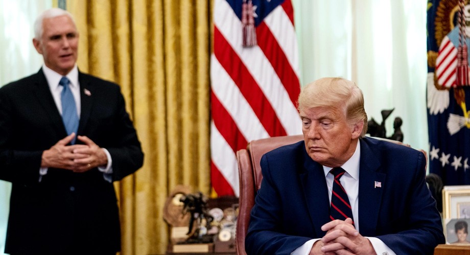 Vice President Mike Pence speaks as U.S. President Donald Trump participates in a signing ceremony and meeting with the President of Serbia Aleksandar Vucic and the Prime Minister of Kosovo Avdullah Hoti in the Oval Office of the White House on September 4, 2020 in Washington, DC.
