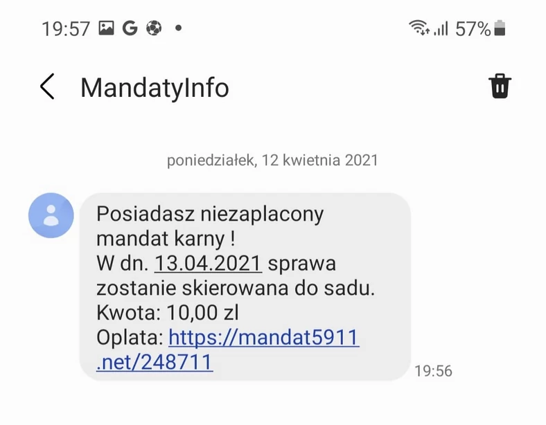 Fałszywy SMS o niezapłaconym mandacie