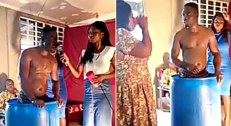 Ghanaian pastor bathes in church and members line up to drink his bathwater for anointing (video)