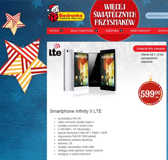 Od 7 grudnia Infinity II LTE ma być także dostępny w sklepach sieci Biedronka, w cenie 599 złotych