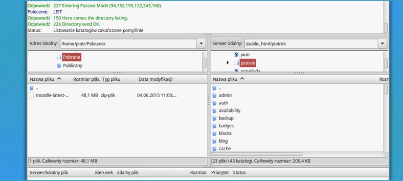 Moodle'a musimy przesłać na serwer. Filezilla to program, który dobrze da sobie z tym radę