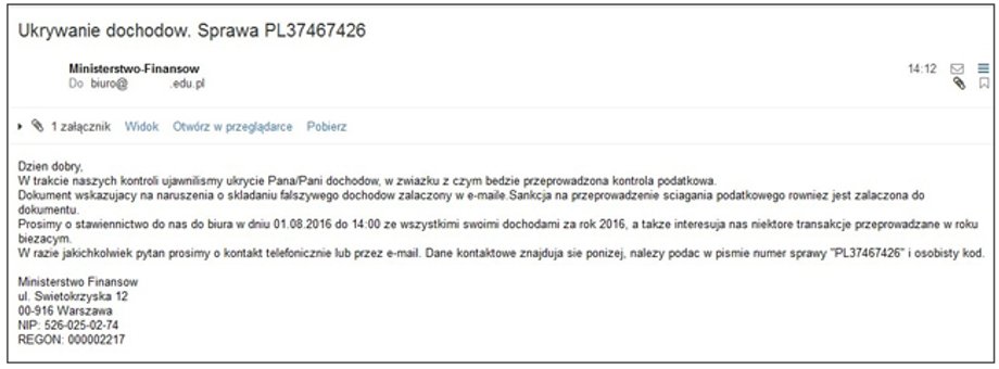 Przykładowa treść fałszywej wiadomości od Ministerstwa Finansów