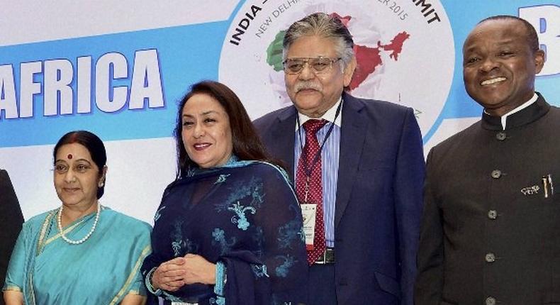 External Affairs Minister Sushma Swaraj with FICCI President Jyotsna Suri, CII President Sumit Mazumdar (2nd R) and others at the inauguration of the India- Africa Business Forum in New Delhi