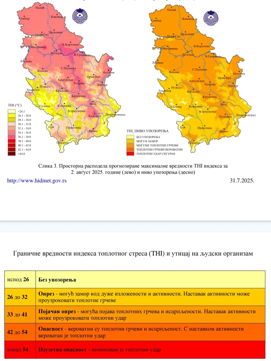 Indeks toplotnog stresa za subotu, 2. avgust
