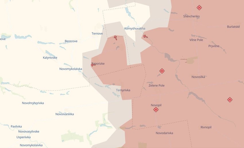 Mapa - Dnjepropetrovska oblast, 27. avgust 2025. - selo Zaporižke i Novogrigorivka