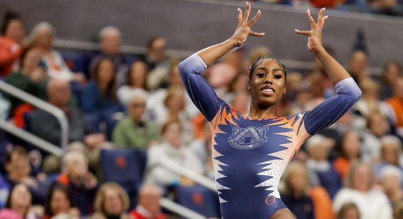 Derrian Gobourne of the Auburn Tigers performs her floor routine.AP Photo/Stew Milne