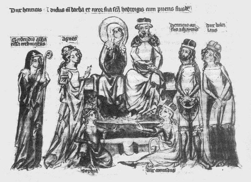 Henryk Brodaty z żoną Jadwigą i z dziećmi (od lewej stoją odpowiednio - Gertruda, Agnieszka, Henryk II, Bolesław, siedzą Zofia i Konrad) Ikonografia z XIV wieku