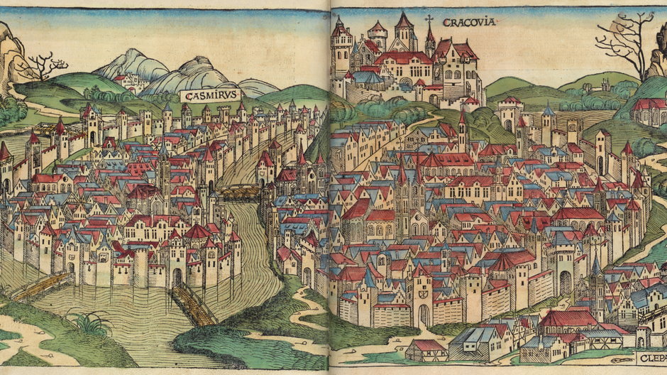 Sztych z dzieła Hartmanna Schedla Liber chronicorum, wykonanego w Norymberdze w 1493 r., przedstawiający średniowieczny Kazimierz (po lewej) i Kraków