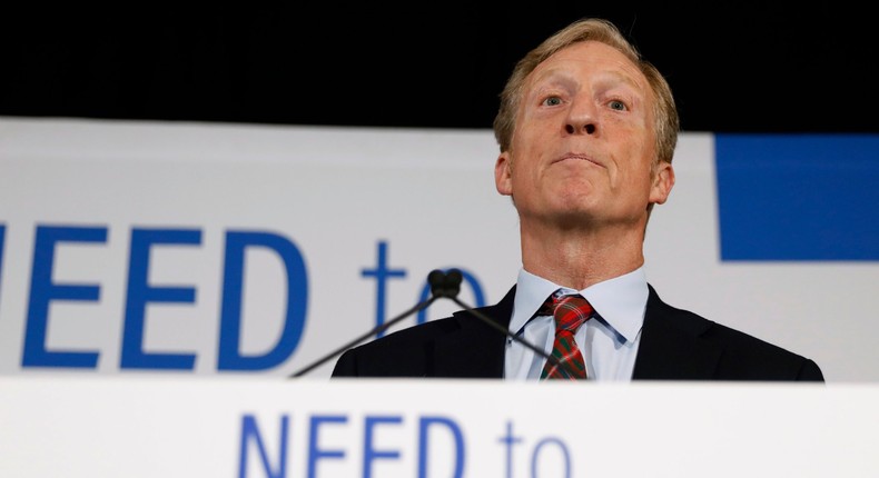 Billionaire investor and Democratic activist Tom Steyer speaks during a news conference where he announced his decision not to seek the 2020 Democratic presidential nomination, Wednesday, Jan. 9, 2019, at the Statehouse in Des Moines, Iowa. (AP Photo/Charlie Neibergall)