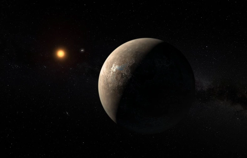 Artystyczna wizja planety Proxima b w pobliżu czerwonego karła Alfa Centauri