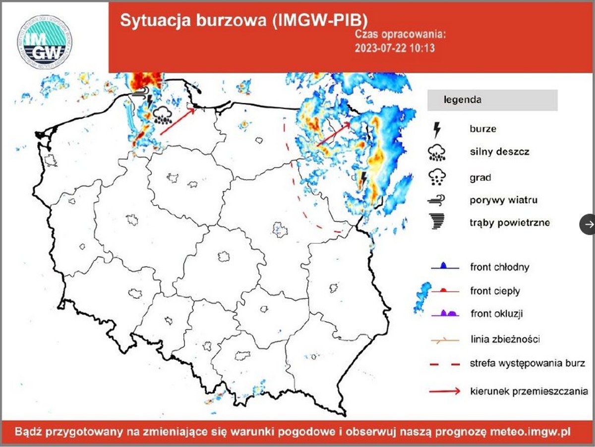 Sytuacja burzowa. 22.07.2023. Źródło: IMiGW