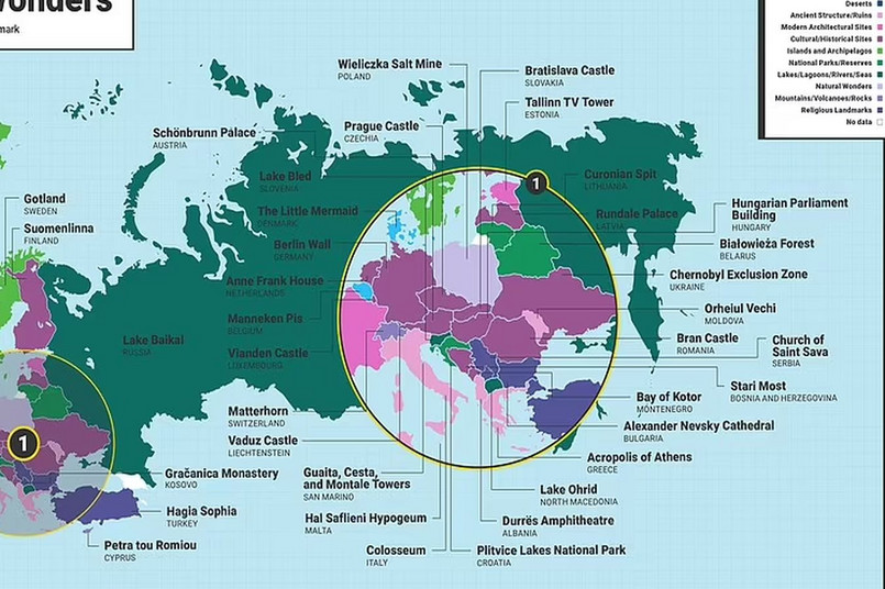 Mapa świata ukazująca najpopularniejsze miejsca turystyczne