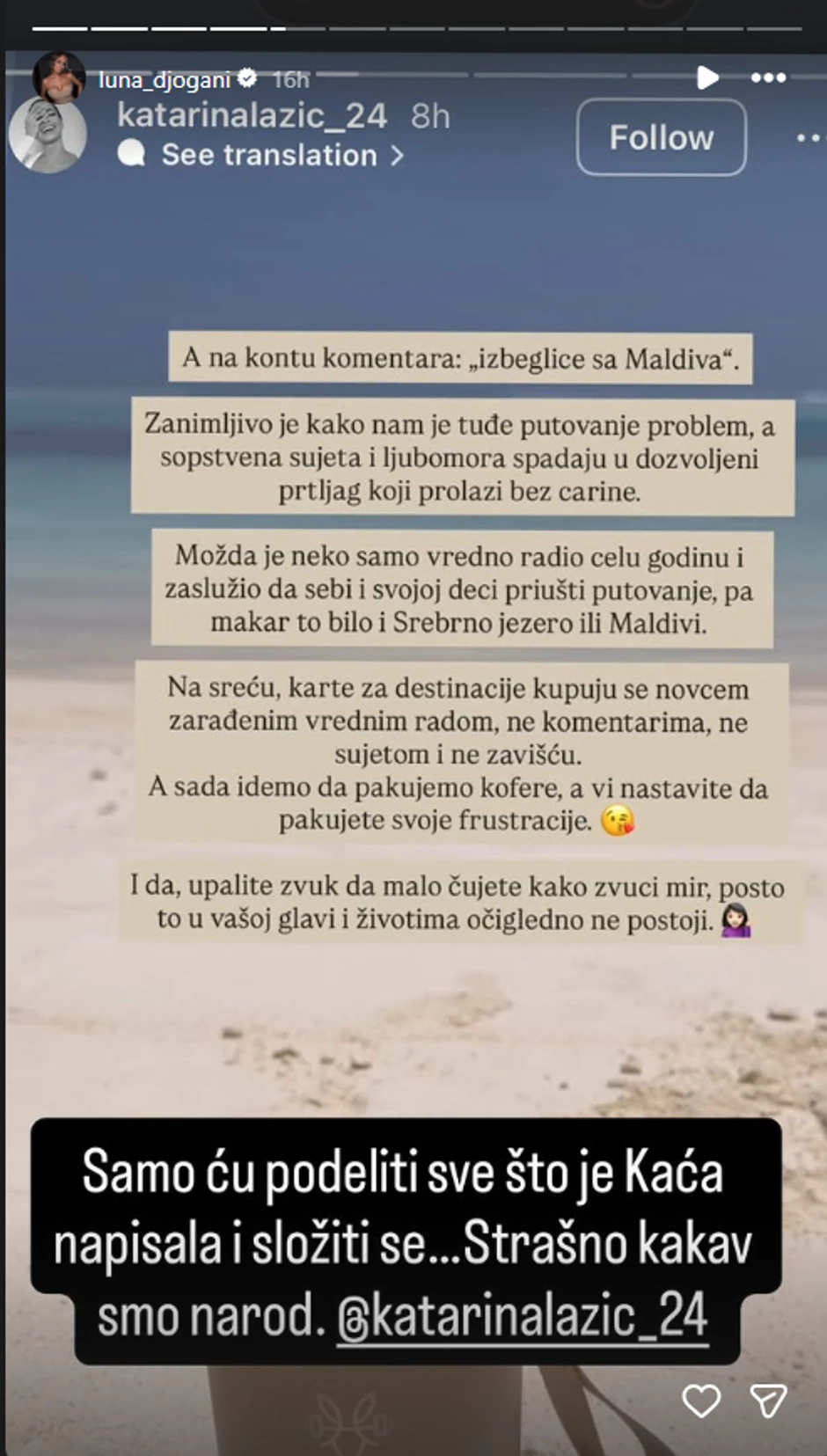 Luna sa Maldiva reagovala na prozivke upućene Katarini Lazić, evo šta je rekla