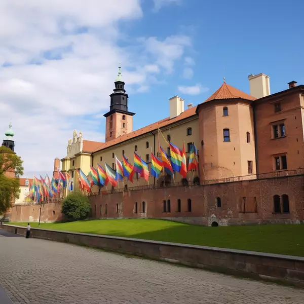 Zamek na Wawelu z tęczowymi flagami z okazji Parady Równości wg sztucznej inteligencji Midjourney
