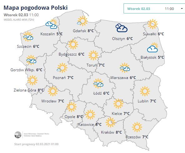 Prognozowana temperatura na wtorek