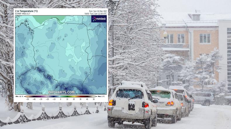 Prognozy dają szansę na powrót zimy tuż po Nowym Roku (mapa: wxcharts.com)