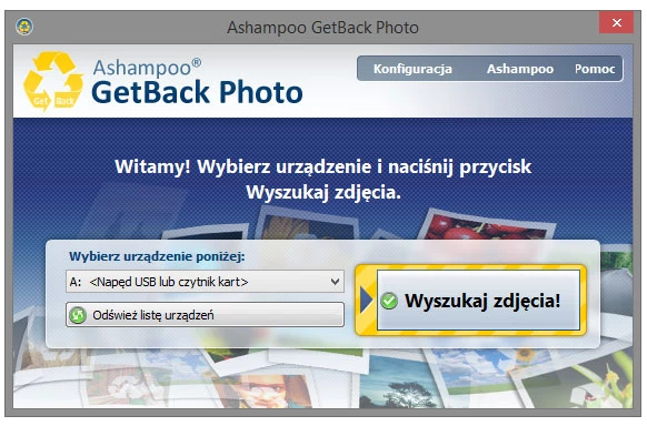 Główne okno programu do odzyskiwania zdjęć cyfrowych - Ashampoo GetBack Photo