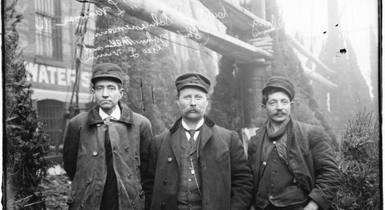 Captain Herman Schuenemann and two crewmen on the deck of the Christmas Tree Ship called the Rouse Simmons.Wisconsin Historical Society; Wisconsin Sea Grant