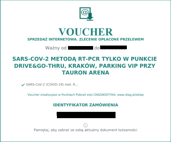 Voucher zakupiony z serwisu diag.pl na badanie metodą RT-PCR