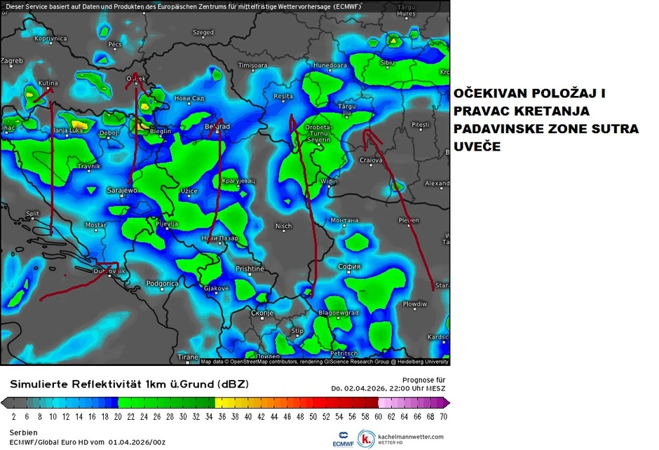 Kretanje padavinske zone u četvrtak uveče