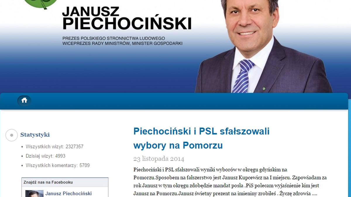 Na oficjalnym koncie Janusza Piechocińskiego na Twitterze pojawił się zaskakujący wpis. "Piechociński i PSL sfałszowali wybory na Pomorzu" - możemy przeczytać w tweecie umieszczonym na tym portalu. Pojawił się tam także link do bloga, na którym zamieszczono krótki tekst na ten temat.