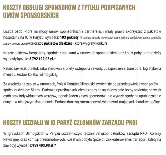 Koszt wyjazdu sponsorów i działaczy na igrzyska w Paryżu