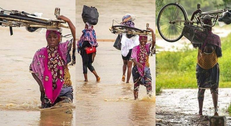 Photos of Ghanaian women dangerously crossing a stream with their babies are heart-stopping