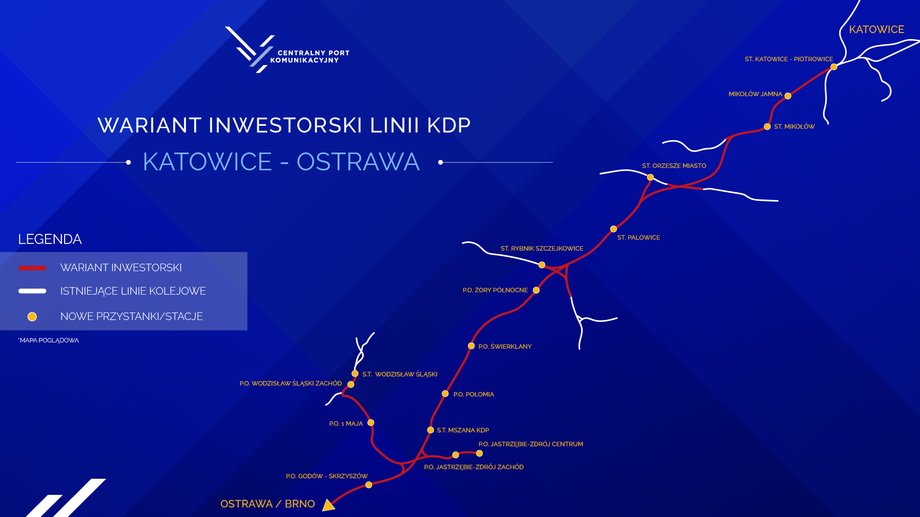 Wariant inwestorski dla odcinka kolei dużych prędkości: Katowice-Ostrawa.