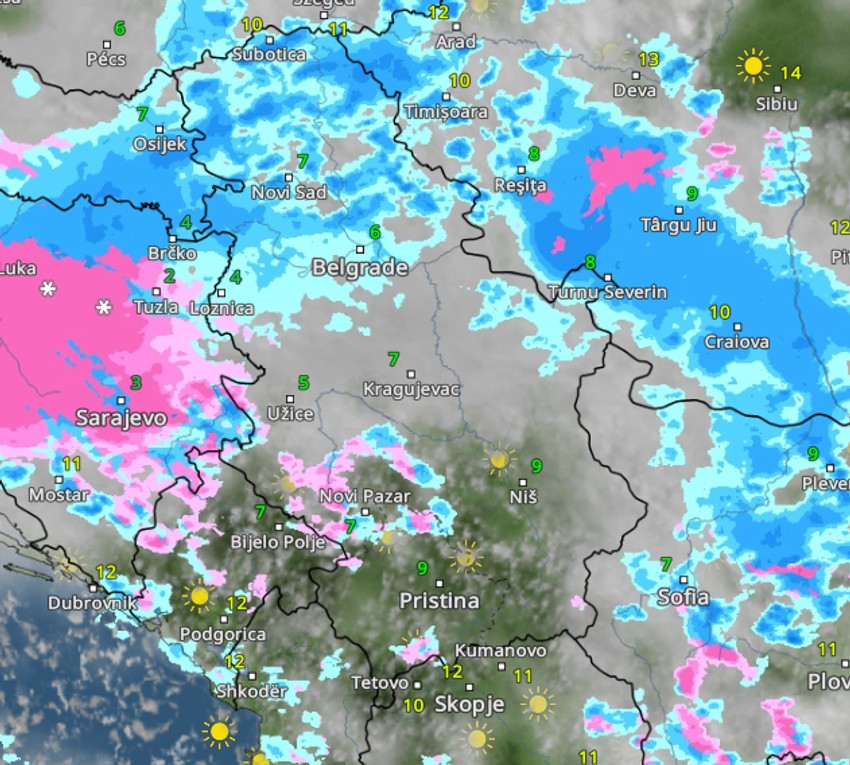 Kretanje padavina u petak u 16 časova