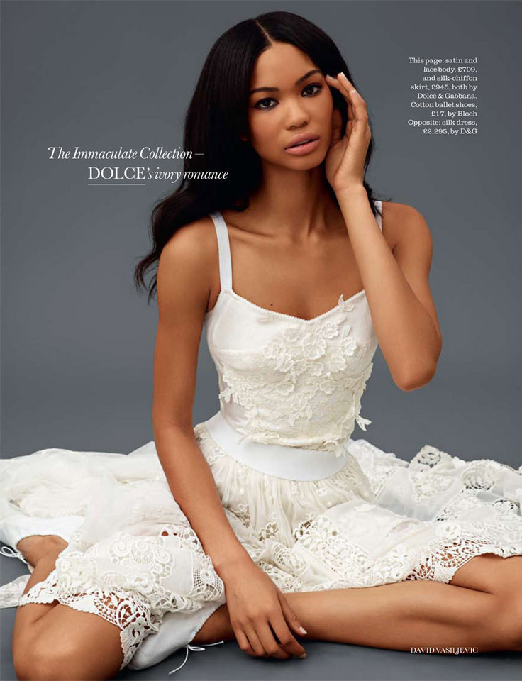 Chanel Iman w sukience z wiosennej kolekcji D&amp;G w lutowym wydaniu ELLE UK