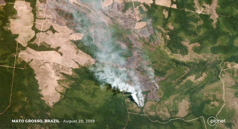 This satellite picture from Planet Labs, Inc shows smoke from fires in Brazil's Mato Grosso state