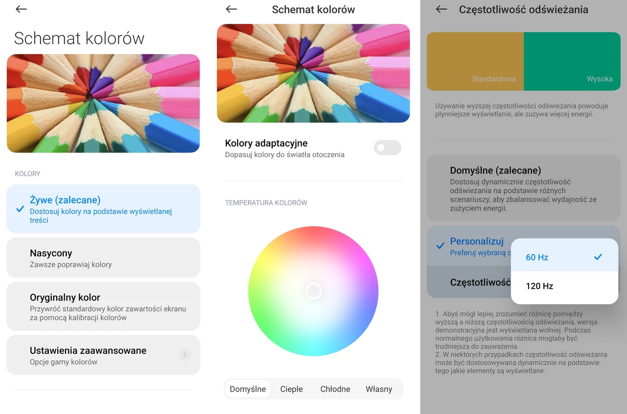 Podstawowe ekrany ustawień trybów kolorystycznych pracy ekranu oraz odświeżania obrazu