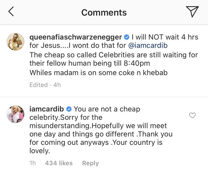"You're not a cheap celebrity" - Cardi B shows class handling Afia Schwarzenegger