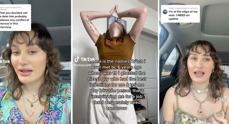 A woman went viral on TikTok after she said she had a job interview lined up with a date she once ghosted.TikTok: @ryliejouett, Rylie Jouett