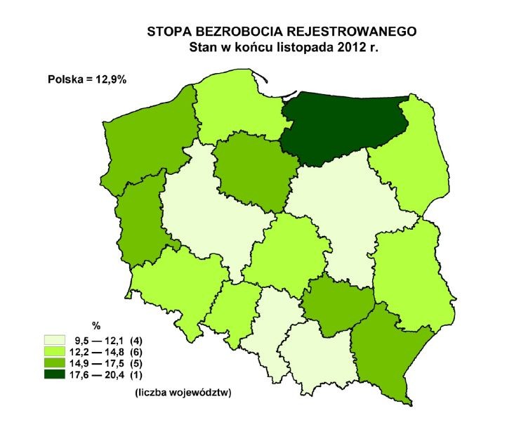 Stopa bezrobocia rejestrowanego - listopad 2012 (mapa)