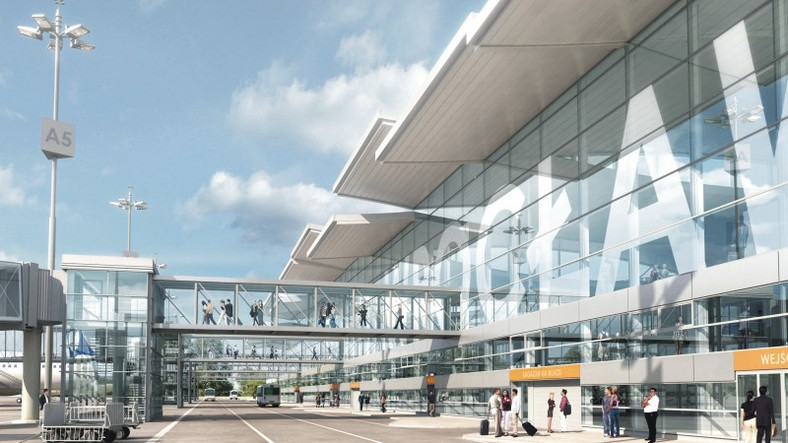 Tak w przyszłości będzie wyglądać widok nowego terminalu we Wrocławiu od strony płyty lotniska. Wizualizacja pochodzi z materiałów prasowych Portu Lotniczego Wrocław.